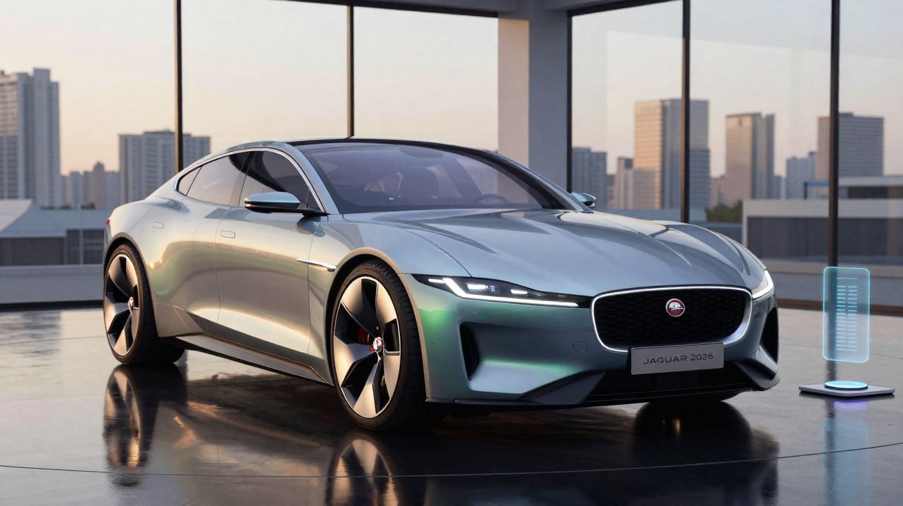 Carro esportivo elétrico Jaguar 2026 prata em ambiente interno com janela panorâmica e vista urbana.