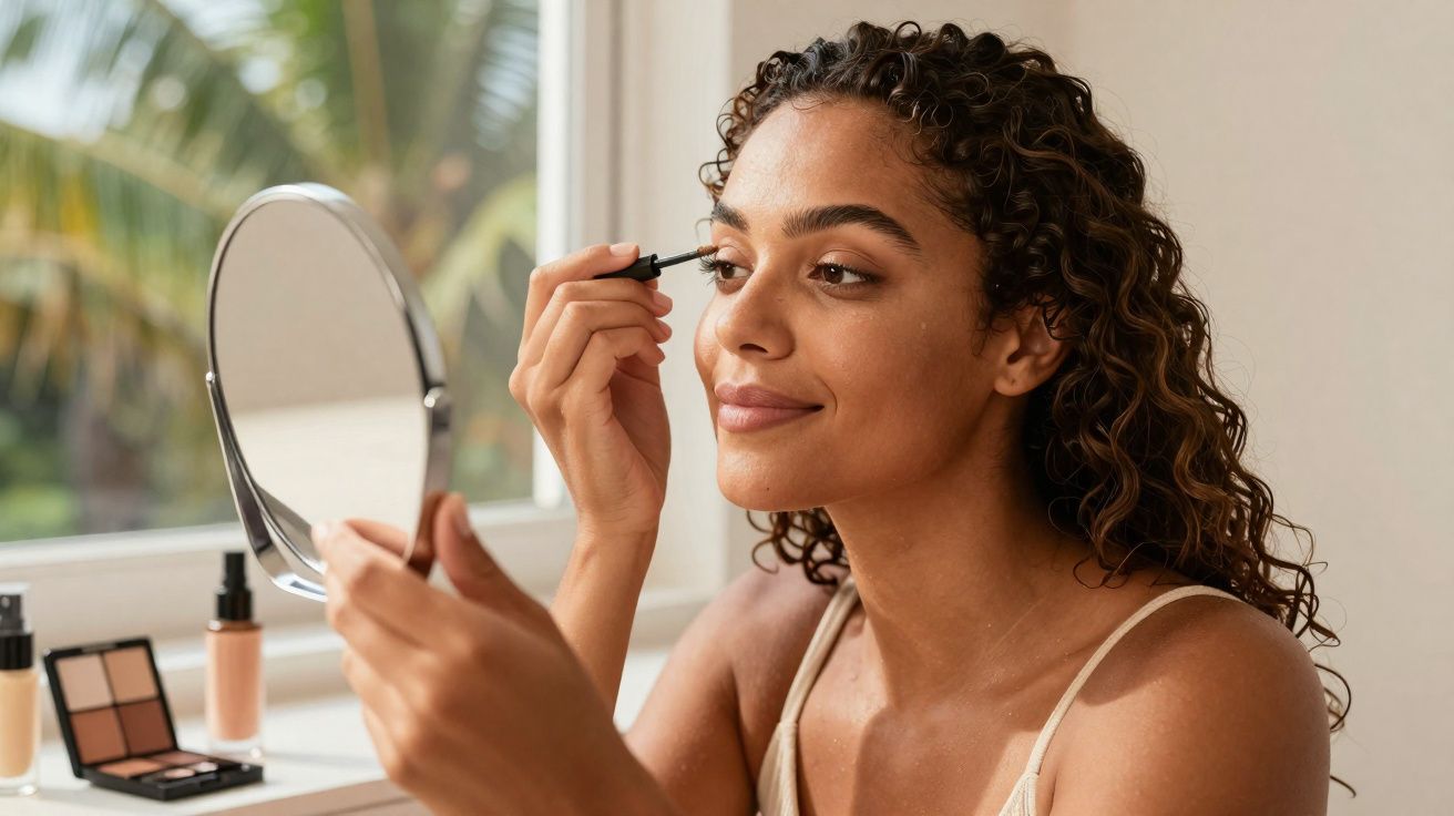 Mulher com cabelos cacheados aplica rímel enquanto se olha em espelho de mão perto da janela.