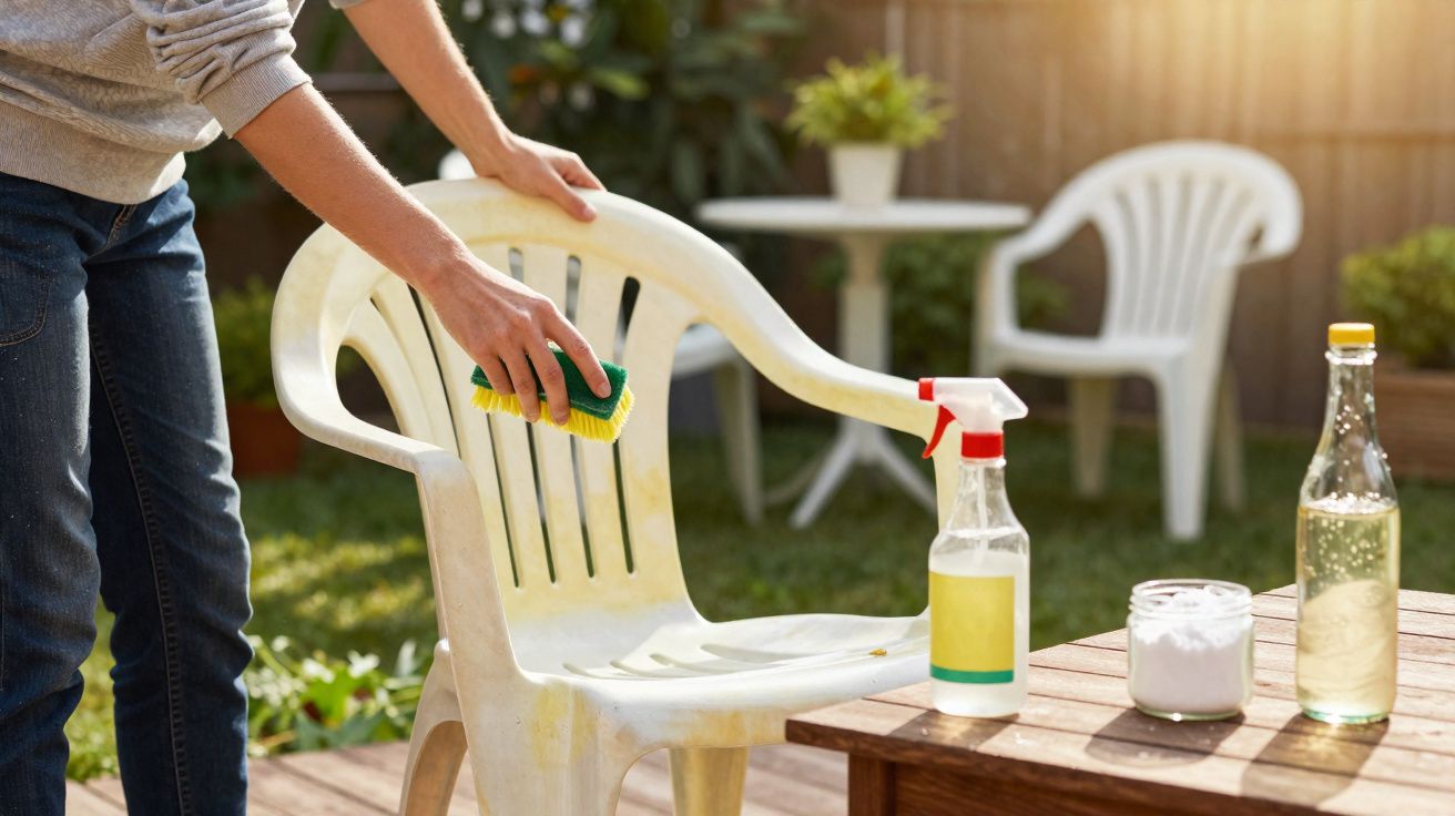 Pessoa limpando cadeira de plástico branca com esponja verde e amarela em área externa ensolarada.