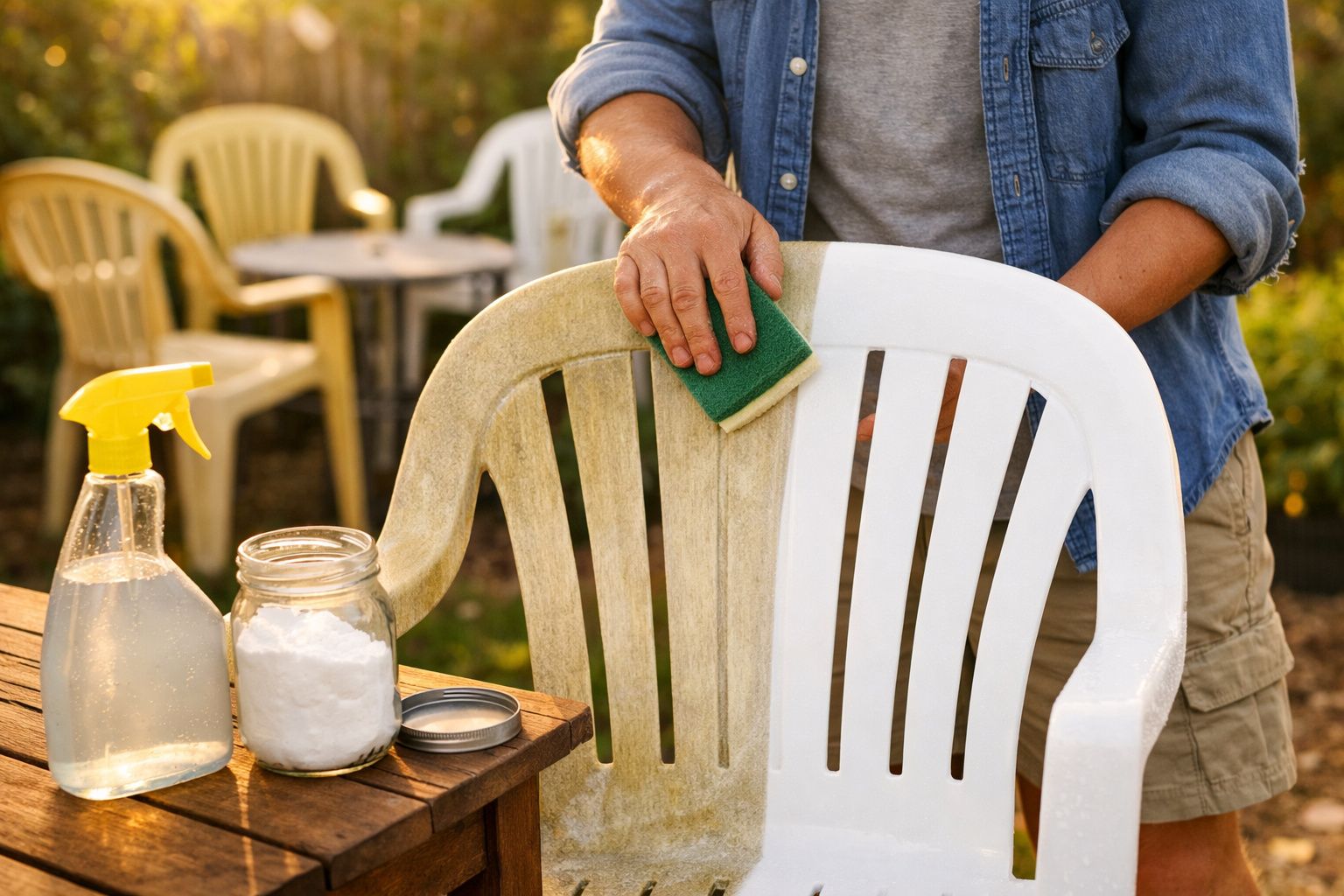 Pessoa limpando cadeira plástica branca suja com esponja verde em área externa ensolarada.