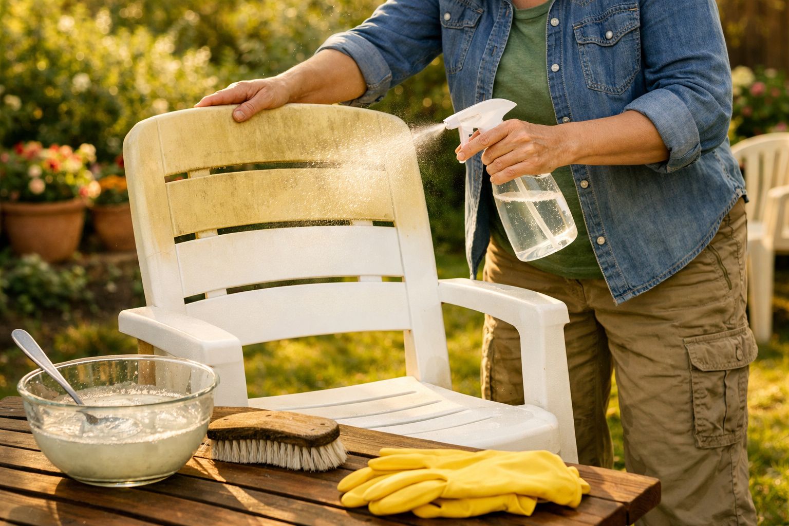 Pessoa borrifando produto de limpeza em cadeira plástica branca ao ar livre em jardim.