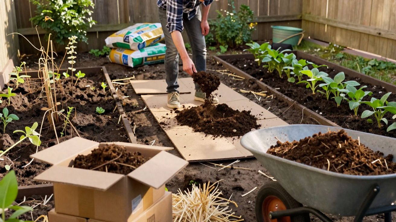 Pessoa preparando canteiro de horta com terra, cercado por plantas e sacos de adubo ao fundo.
