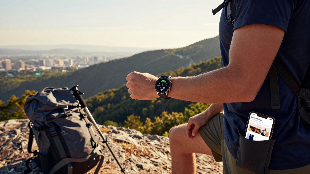 Homem com mochila e celular no bolso usa relógio inteligente em trilha na montanha com vista para a cidade.