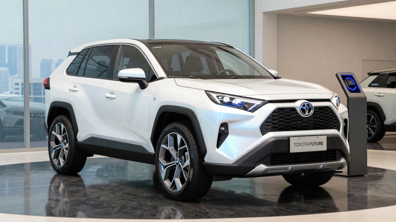 Carro SUV branco Toyota Future exposto em showroom moderno com piso refletivo e iluminação interna.