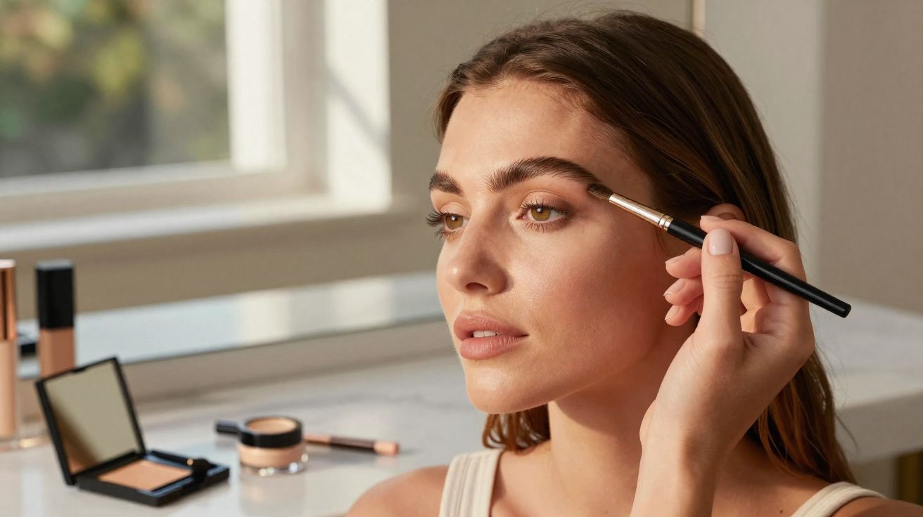 Mulher aplicando maquiagem nas sobrancelhas com pincel em ambiente iluminado e produtos ao fundo.