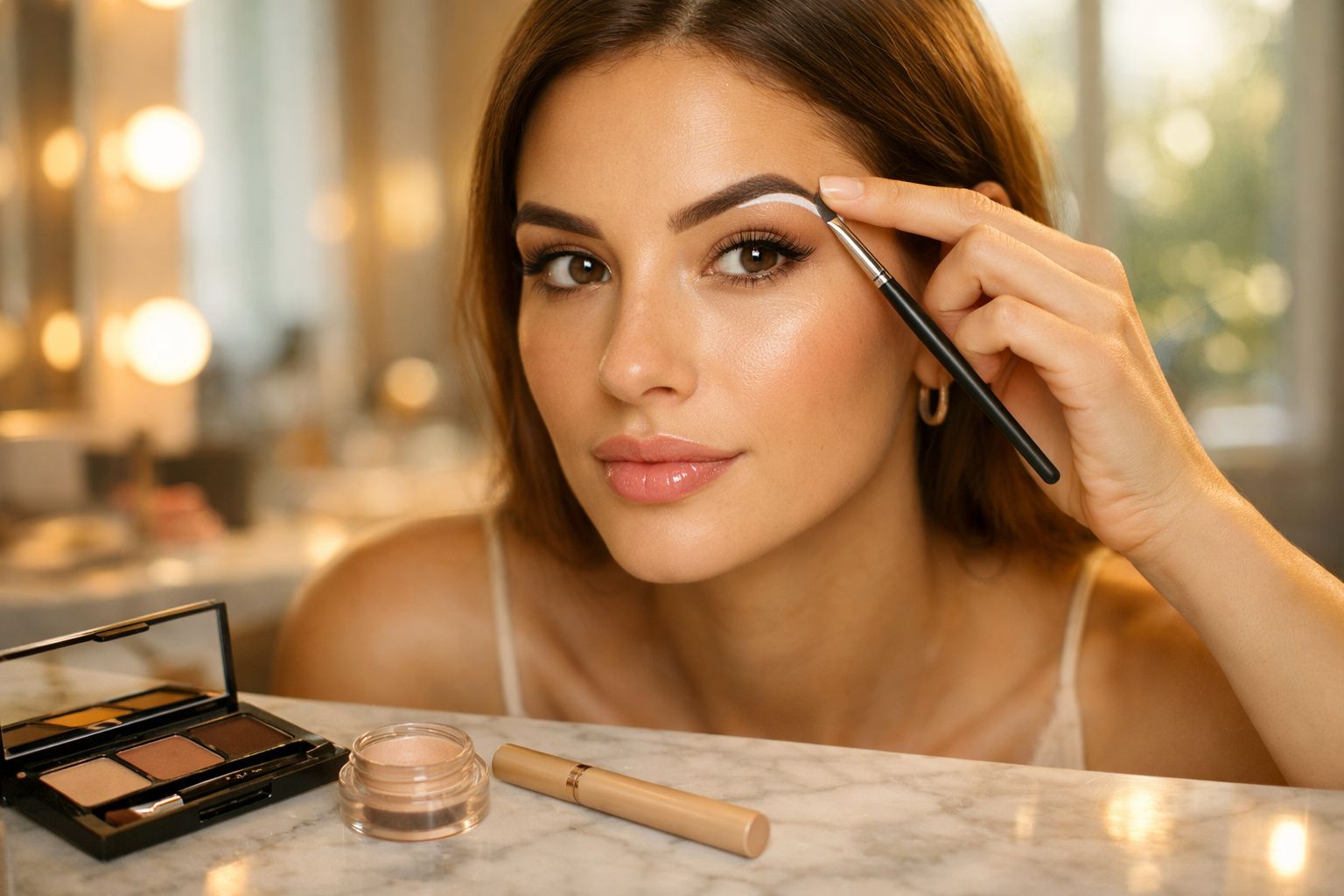 Mulher aplicando maquiagem nas sobrancelhas com pincel, ao lado de paleta e produtos de maquiagem.