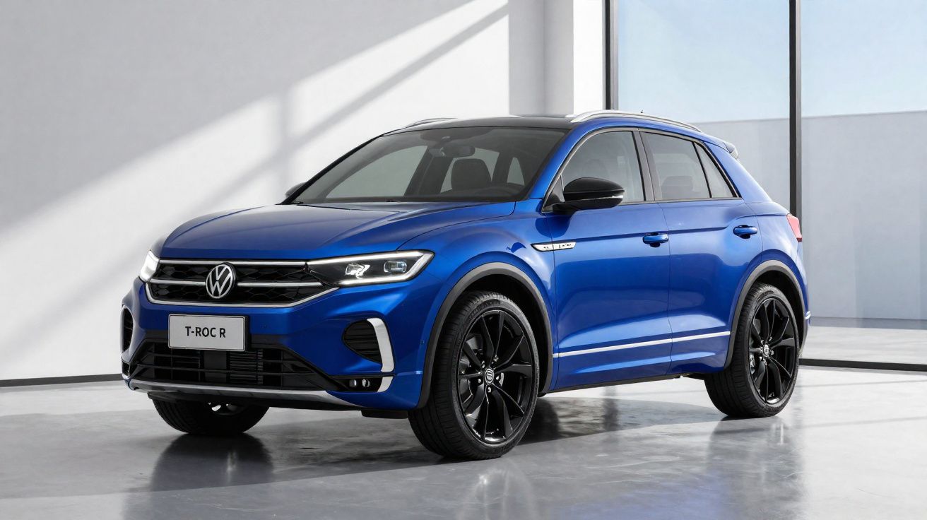 Carro SUV Volkswagen T-Roc R azul com rodas pretas em ambiente interno iluminado por luz natural.