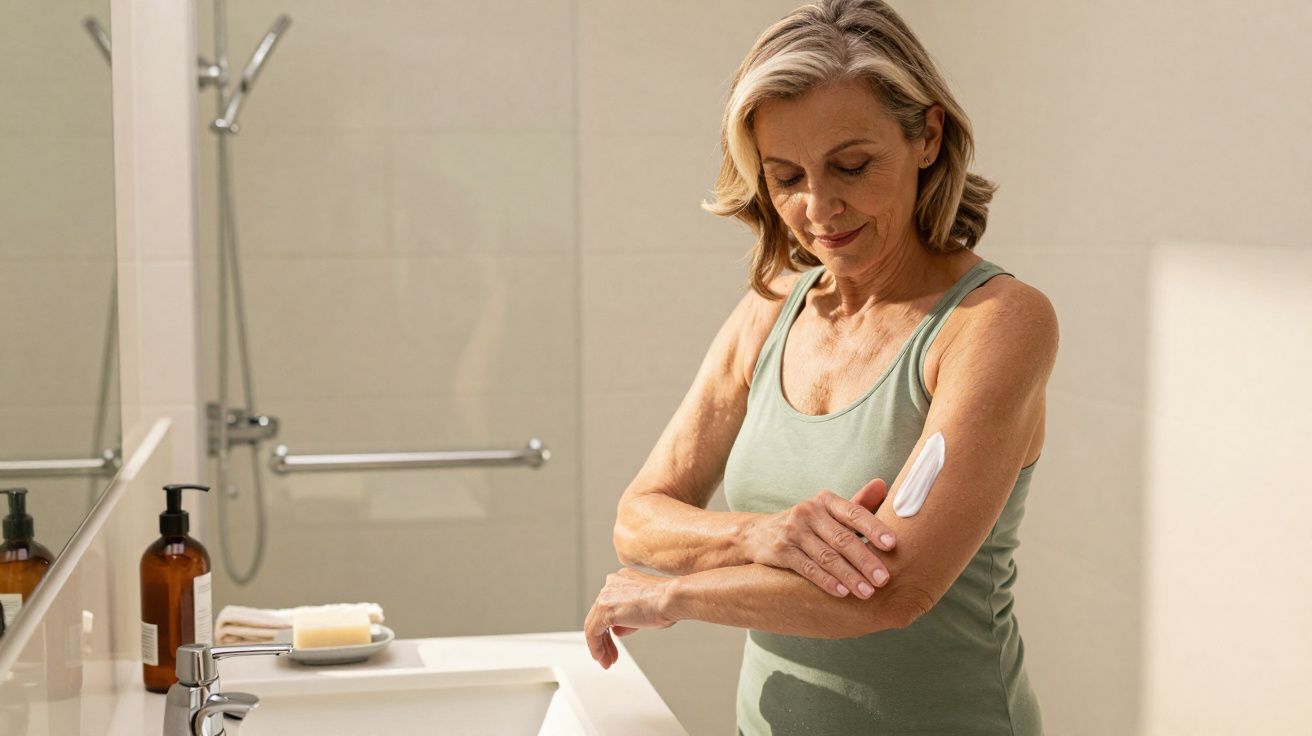 Mulher de meia-idade aplicando creme hidratante no braço em banheiro com espelho e pia.
