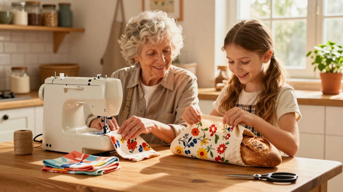 Idosa e criança costuram juntas uma capa estampada para guardar pão em cozinha iluminada.