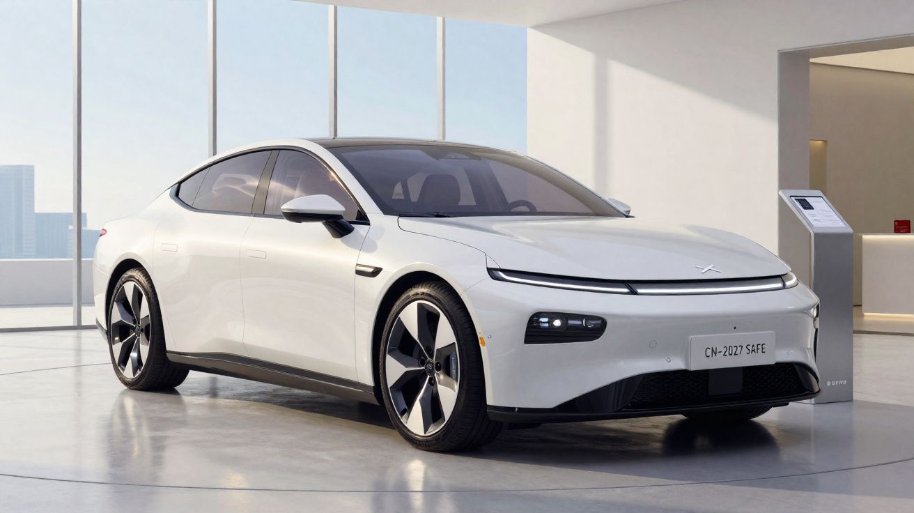 Carro elétrico branco modelo sedan exposto em ambiente interno moderno e iluminado.