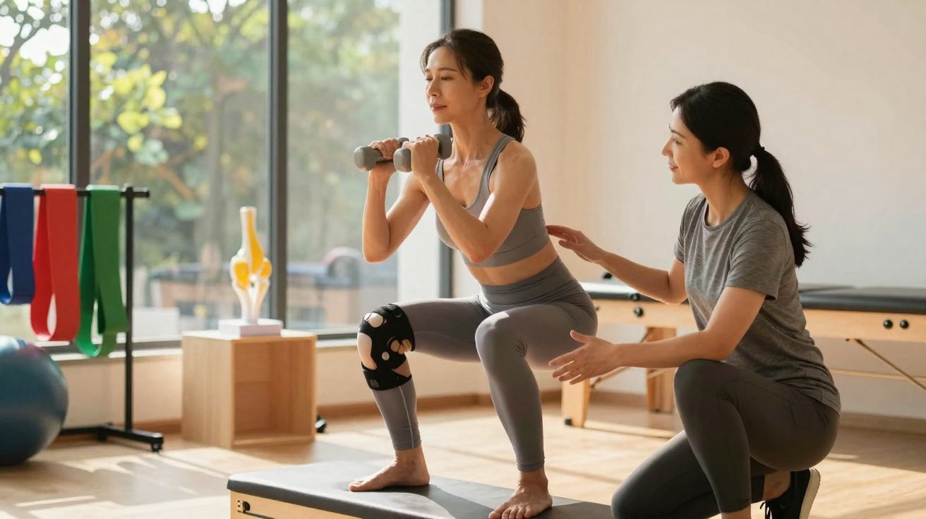 Mulher praticando exercícios com halteres auxiliada por instrutora em sala de ginástica iluminada.
