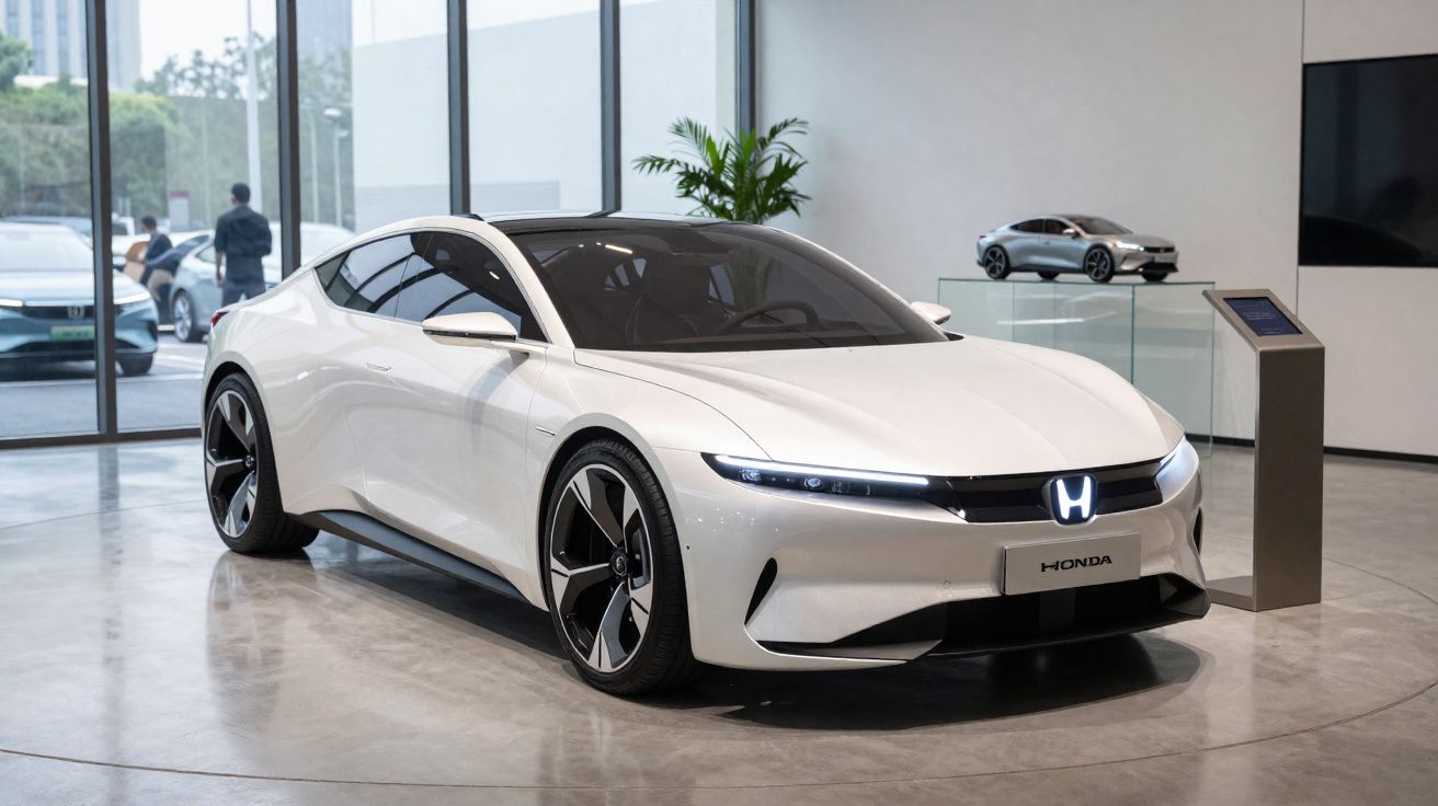 Carro elétrico branco Honda em exposição moderna com ambiente minimalista e iluminação natural.