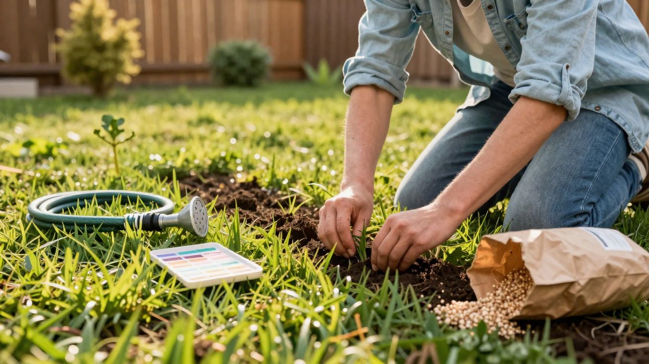 Pessoa plantando sementes em um jardim com mangueira, caixa de sementes e saco de sementes aberto no gramado.
