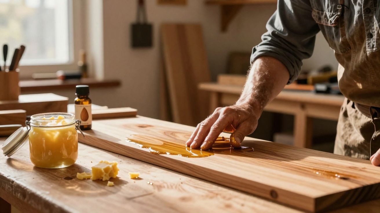 Pessoa aplicando óleo em tábua de madeira em uma oficina com frascos e pedaços de cera ao lado.