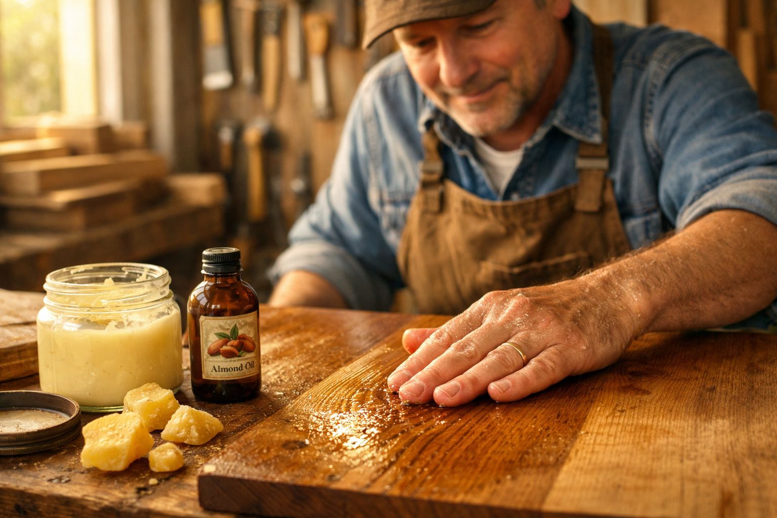 Homem aplica óleo de amêndoas em superfície de madeira em oficina iluminada por luz natural.