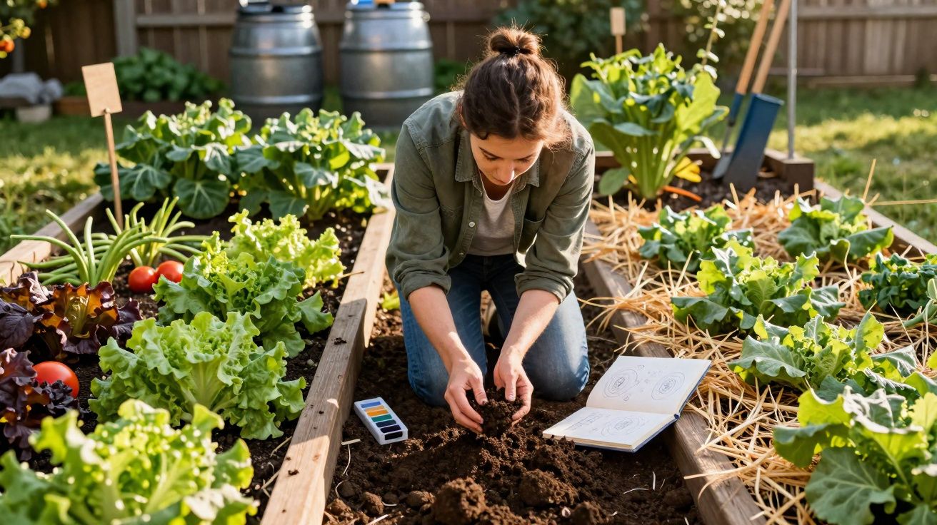 Mulher cuidando da terra em horta com hortaliças verdes e livro aberto ao lado.