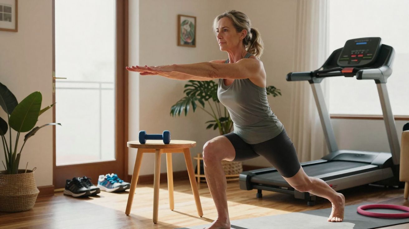 Mulher fazendo exercício de alongamento com uma perna à frente em ambiente de academia caseira.