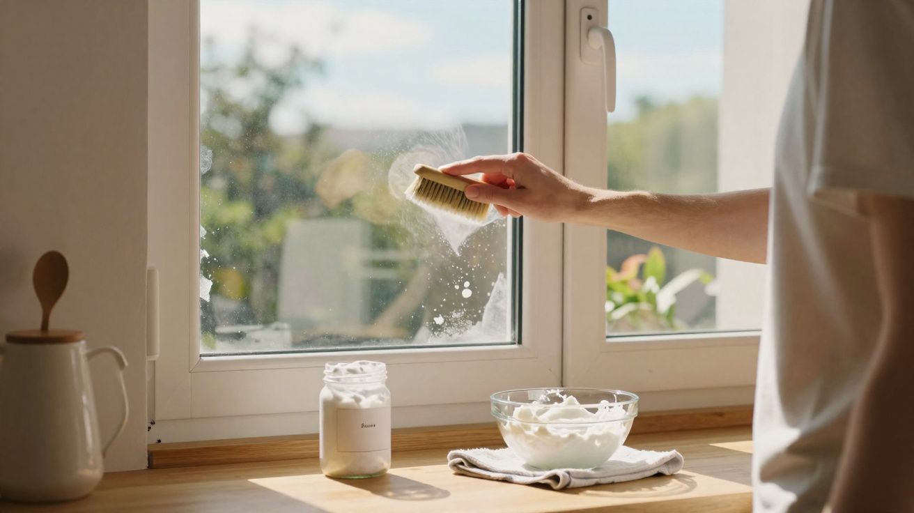 Pessoa limpando janela de vidro com escova, creme de limpeza e pano em bancada iluminada pelo sol.