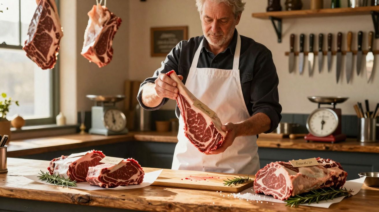 Açougueiro examinando peça de carne em açougue com cortes pendurados e facas na parede ao fundo.