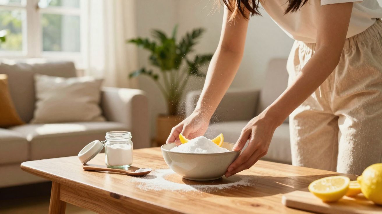 Pessoa segurando tigela com bicarbonato de sódio e fatias de limão sobre mesa de madeira na sala.