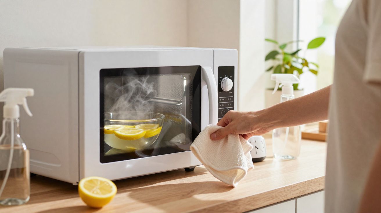 Micro-ondas branco com tigela de vidro e limões aquecendo, à mão com pano para limpar bancada de madeira.