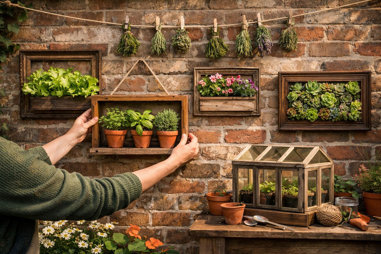Mãos pendurando quadro com vasos de plantas na parede de tijolos com ervas, flores e suculentas decorativas.