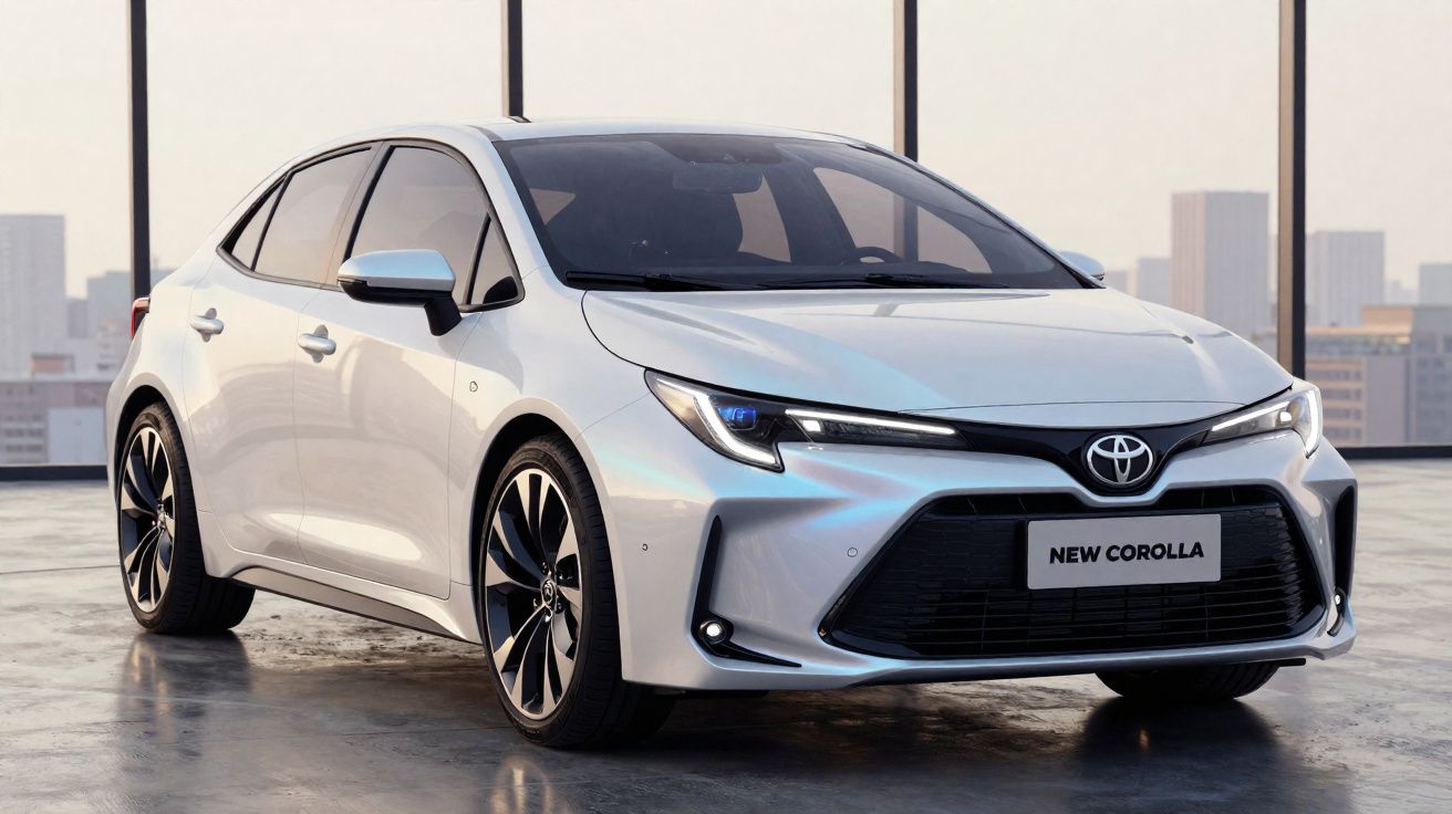 Carro sedan branco Toyota New Corolla estacionado em ambiente interno com janelas ao fundo.