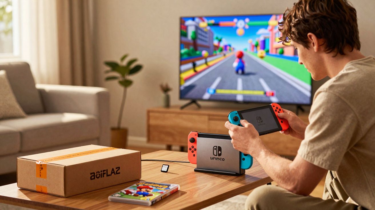 Jovem segurando console Nintendo Switch em sala com jogo na TV e itens de videogame sobre a mesa.