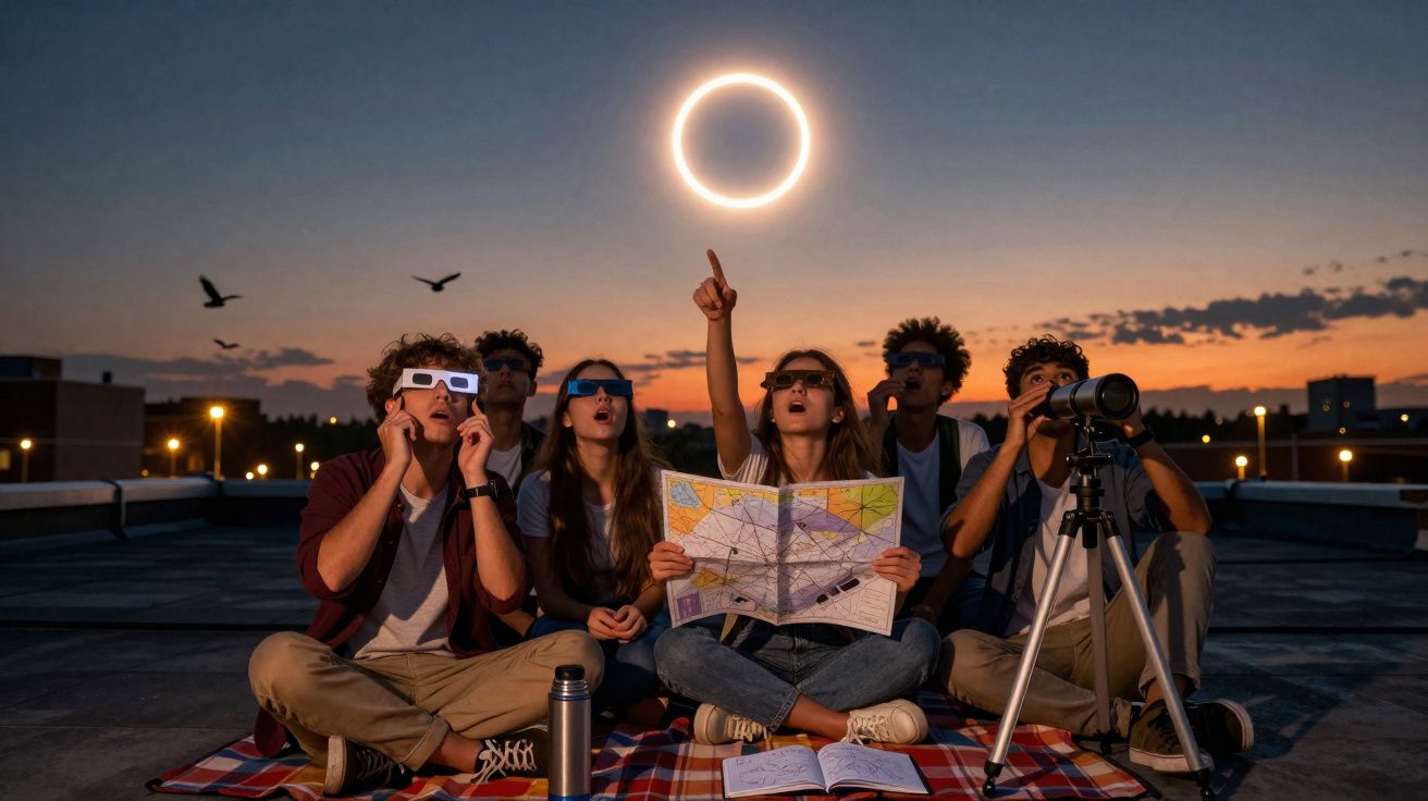 Grupo de jovens observando eclipse solar com óculos especiais e telescópio ao pôr do sol.