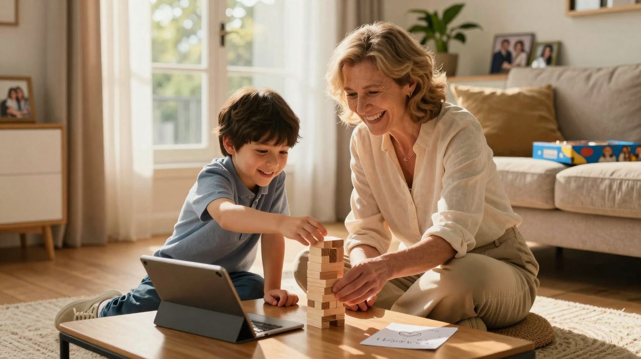 Mulher e menino brincam de empilhar blocos de madeira em sala iluminada com tablet à frente.