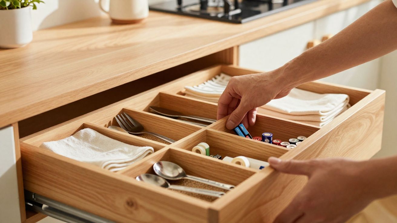 Pessoa organizando pilhas em gaveta de madeira com talheres e panos de prato em cozinha.