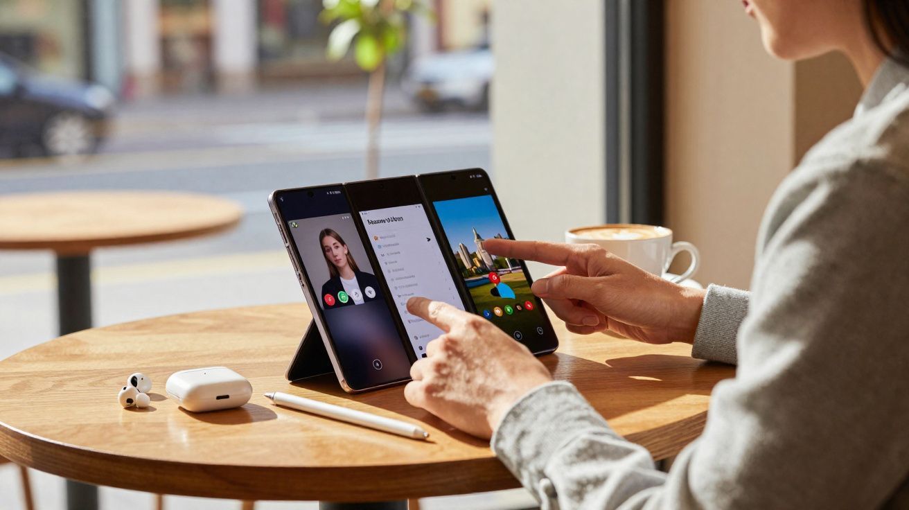 Pessoa usando smartphone dobrável com três telas, fones de ouvido e caneta sobre mesa de madeira em café.