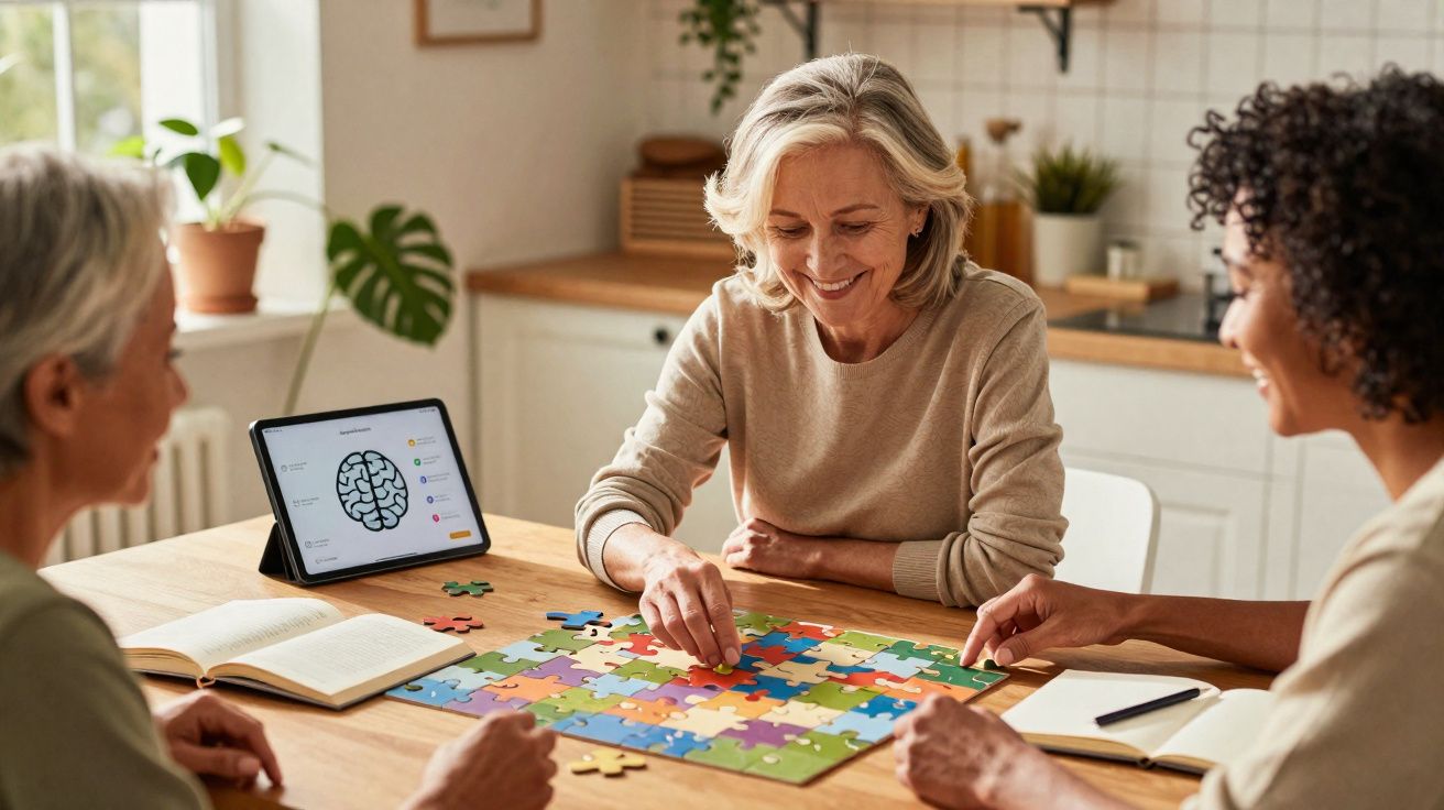 Três mulheres idosas montando quebra-cabeça colorido em mesa com tablet e livros em ambiente claro.