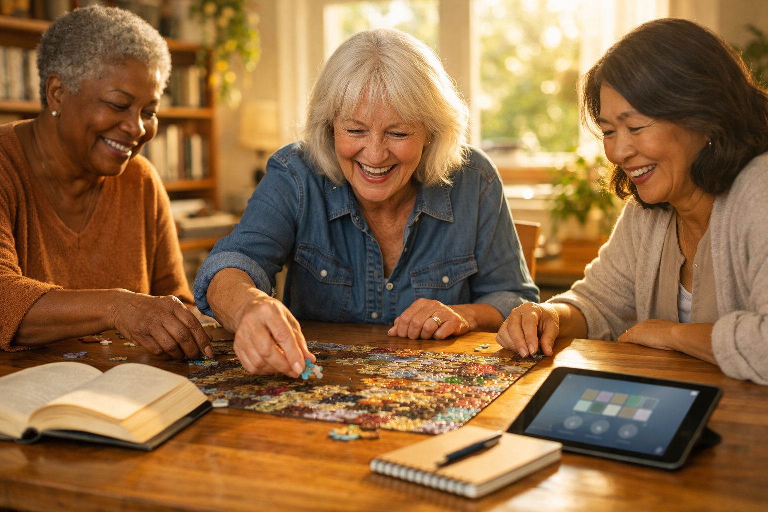 Três mulheres idosas sorrindo enquanto montam um quebra-cabeça em uma mesa de madeira com livros e tablet.