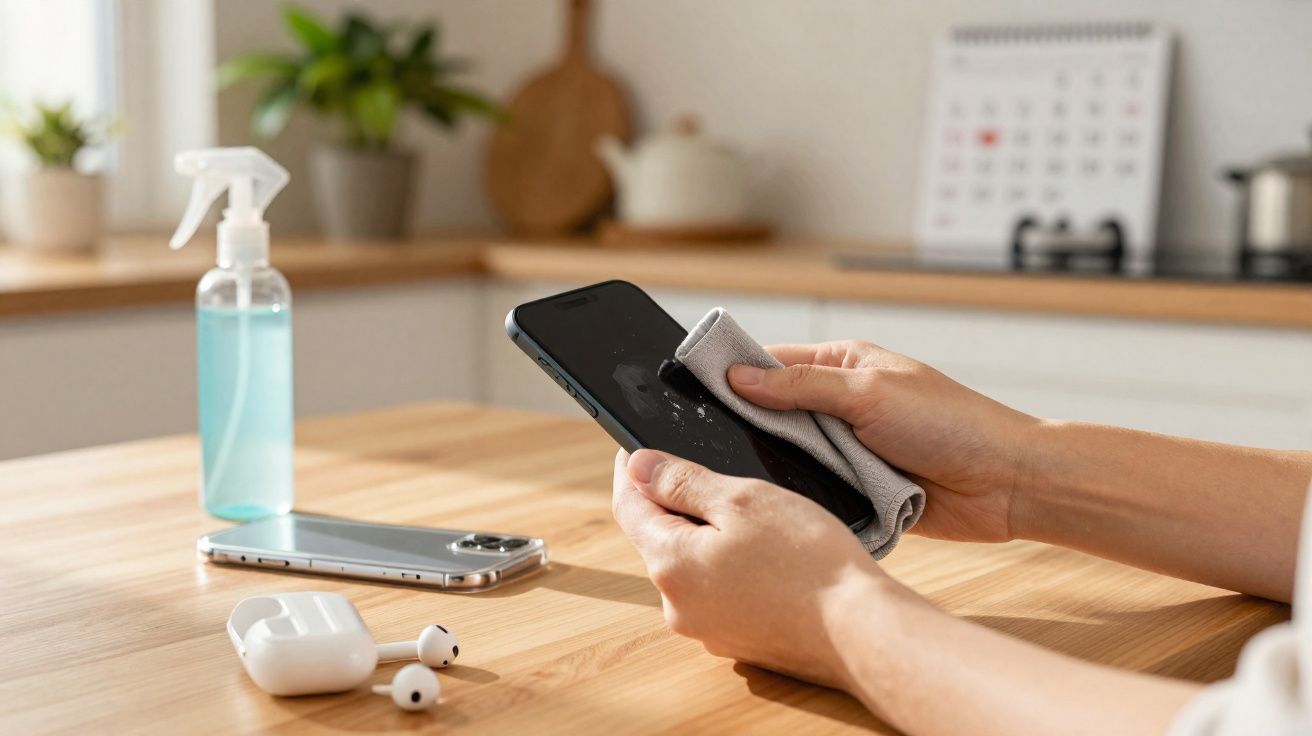 Pessoa limpando a tela de um smartphone com tecido em uma cozinha, ao lado de fones sem fio e borrifador.