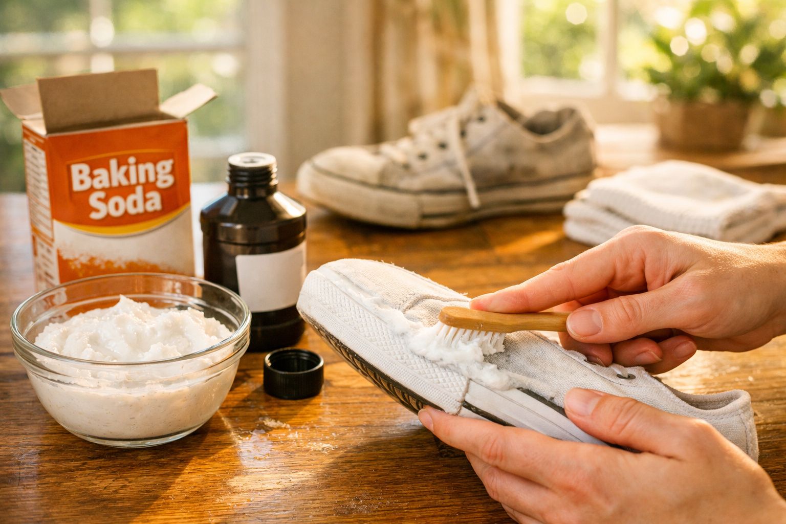 Pessoa limpando tênis branco com escova, bicarbonato de sódio e pasta caseira sobre mesa de madeira.