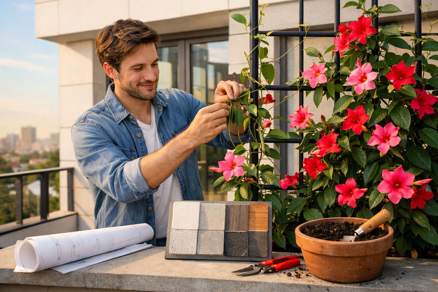 Homem cuidando de plantas floridas em varanda com amostras de revestimento e ferramentas.