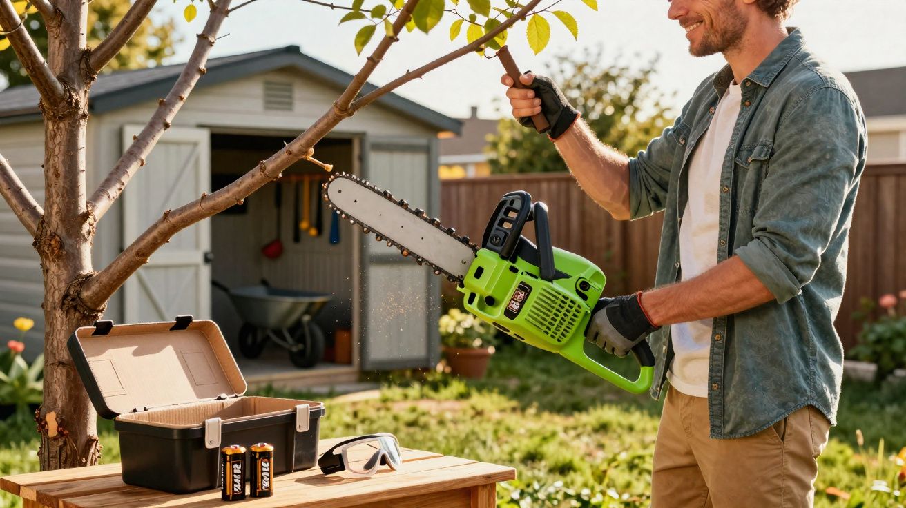 Homem com motosserra verde preparando-se para podar árvore em jardim com oficina ao fundo.