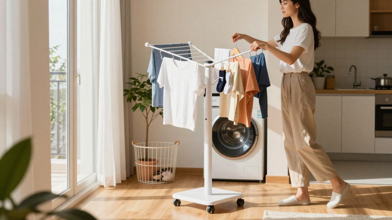 Mulher pendurando roupas em varal branco móvel dentro de lavanderia iluminada pela manhã.