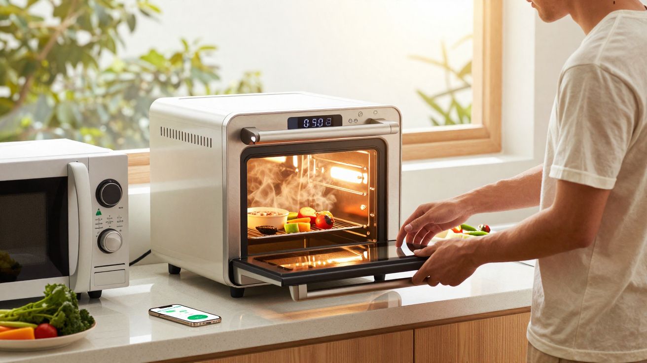 Pessoa retirando alimentos saudáveis de forno elétrico portátil em cozinha iluminada próximo à janela.