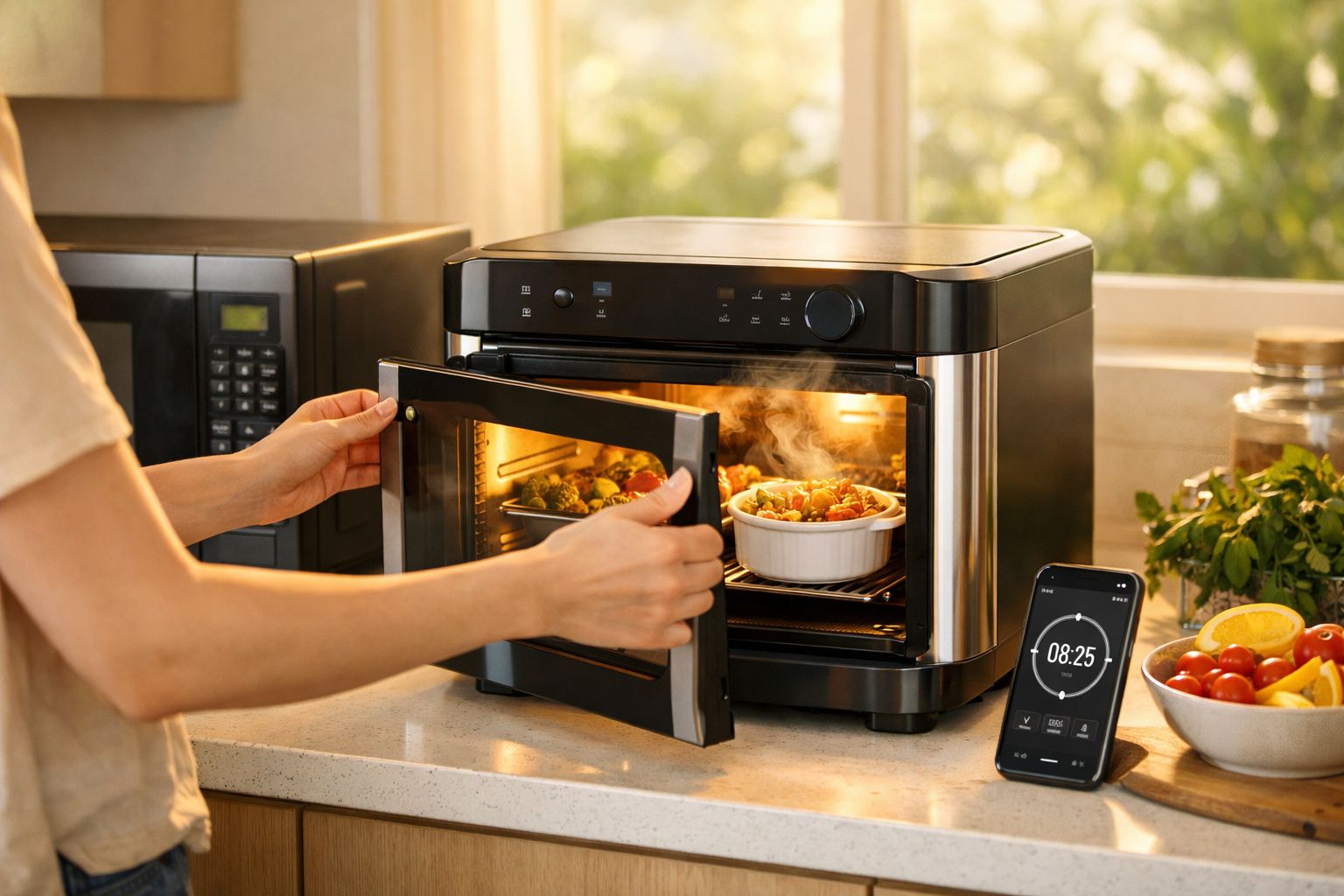 Pessoa retirando recipiente quente de air fryer elétrica na cozinha com celular ao lado marcando tempo de preparo.