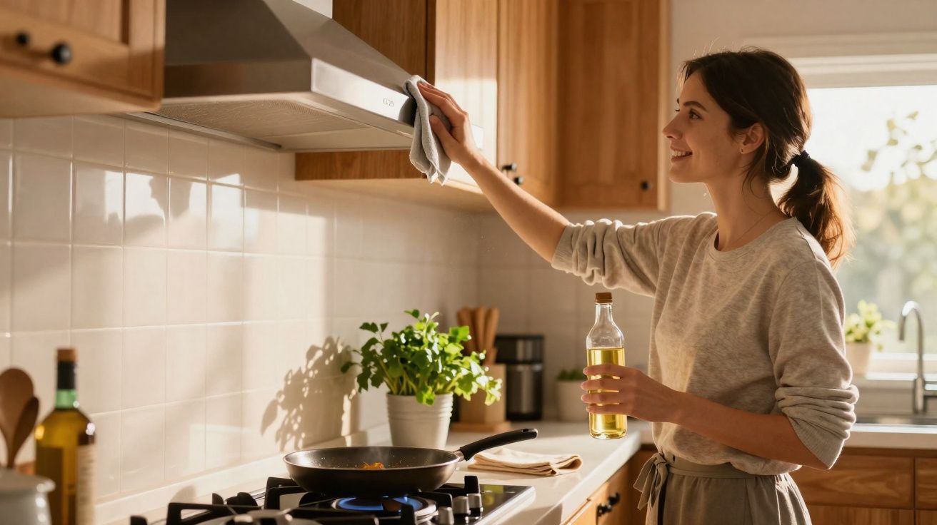 Mulher sorridente limpando coifa enquanto cozinha no fogão em cozinha iluminada pela manhã.