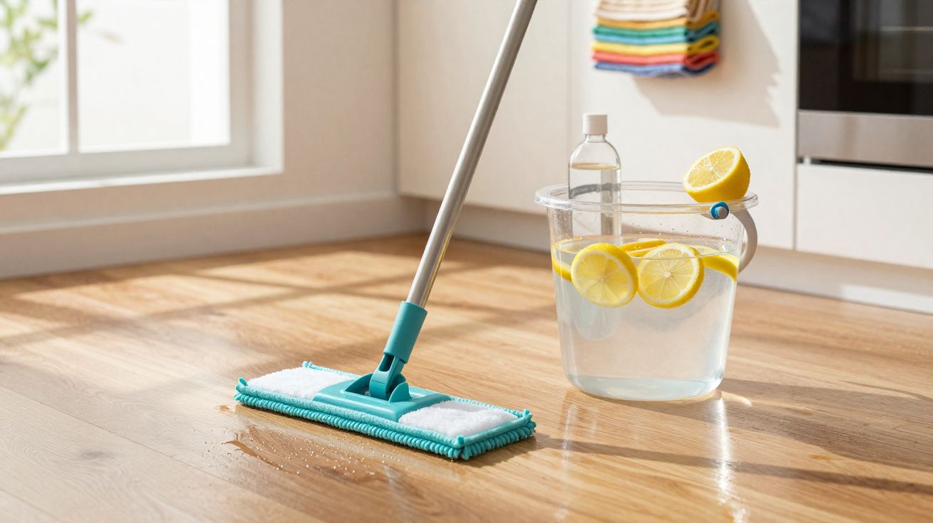 Mop azul limpando piso de madeira ao lado de balde transparente com água e fatias de limão.