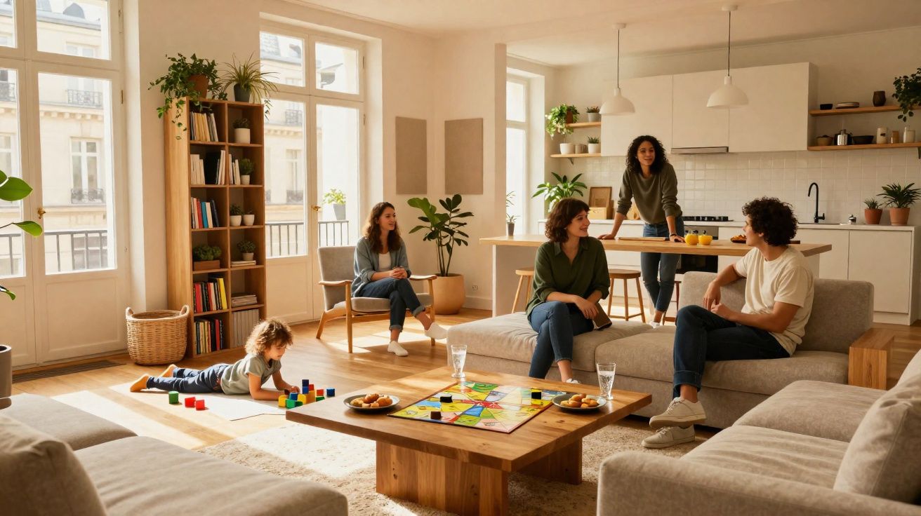 Família brincando e conversando em sala de estar ampla e iluminada, com móveis de madeira e plantas.