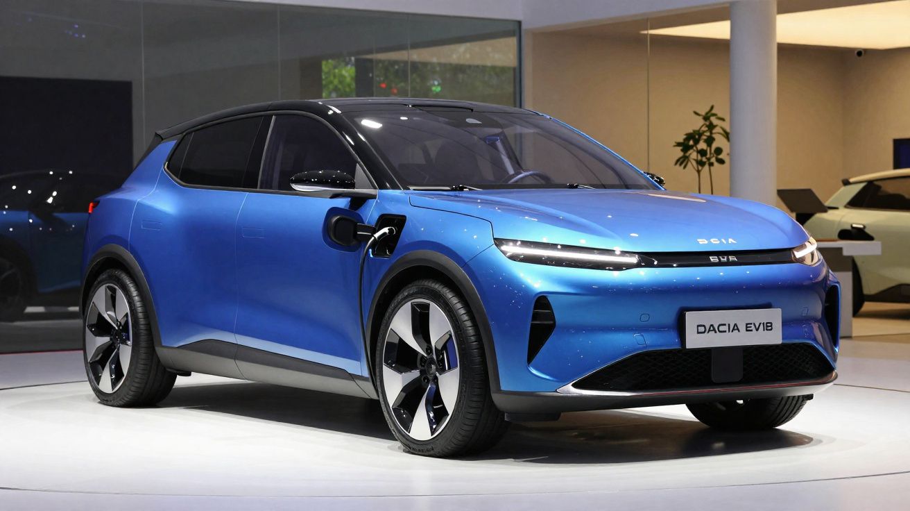 Carro SUV elétrico Dacia EV1B azul em exposição em ambiente interno moderno e iluminado.