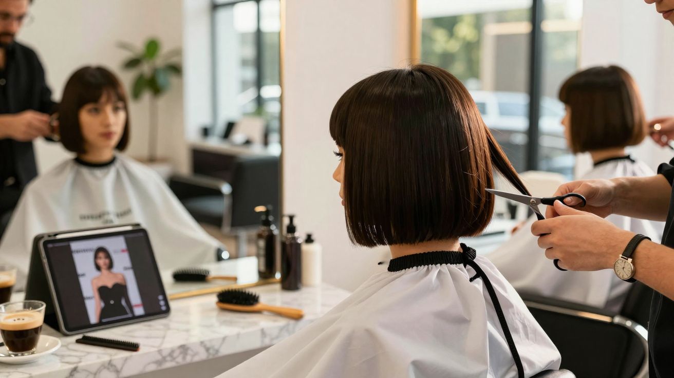 Mulher com cabelo curto sendo cortada por cabeleireiro em salão, com tablet mostrando referência de corte.