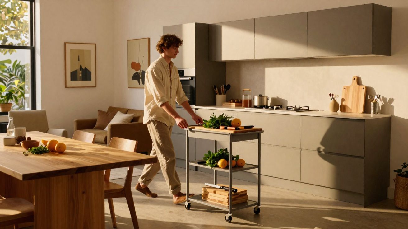 Homem empurra carrinho com frutas em cozinha moderna com luz natural e decoração minimalista.