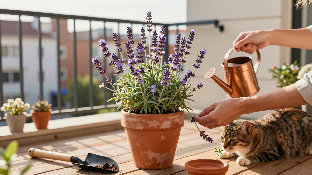 Mãos regando planta de lavanda em vaso no terraço com gato ao lado e pequena pá de jardinagem.