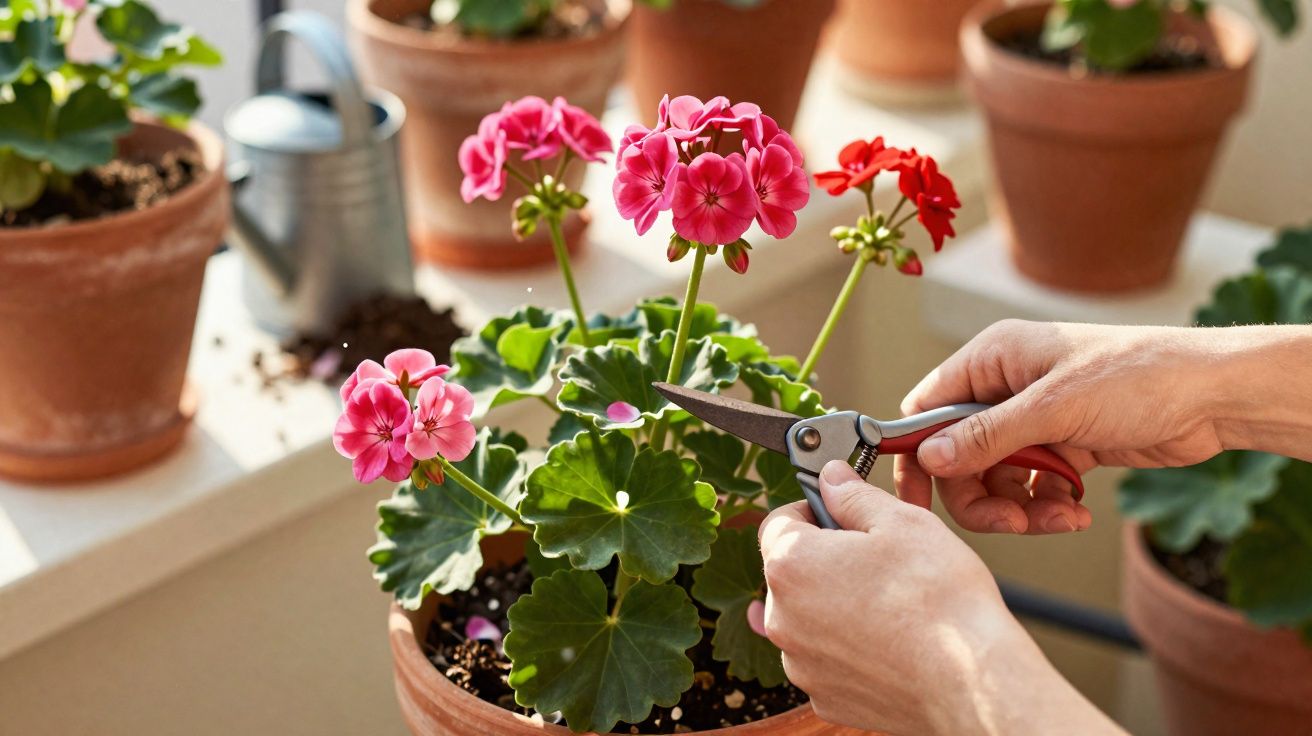 Pessoa podando flores vermelhas de gerânio em vaso de barro em varanda ensolarada.