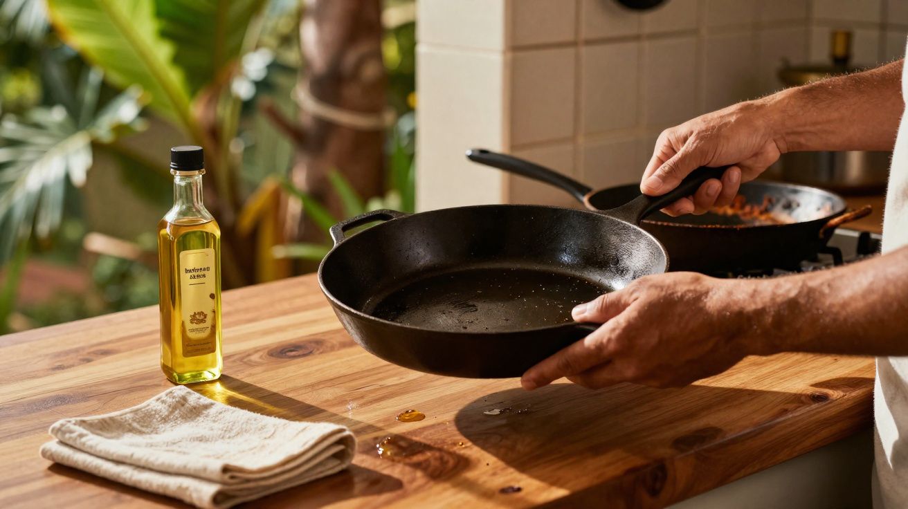 Pessoa segurando frigideira em cozinha com azeite e pano sobre bancada de madeira.